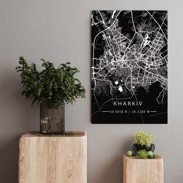 Картина на холсті чорно-біла мапа міста Харків Картина на холсті чорно-біла мапа міста Харків