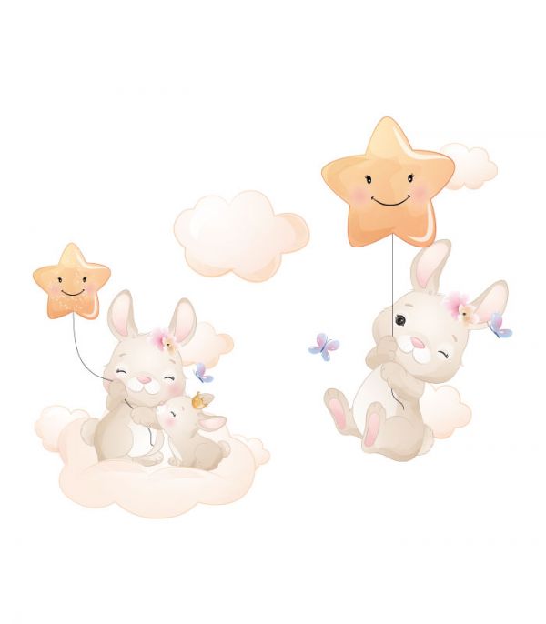 Наклейка для кімнати дівчинки – Зайчата на хмарах
