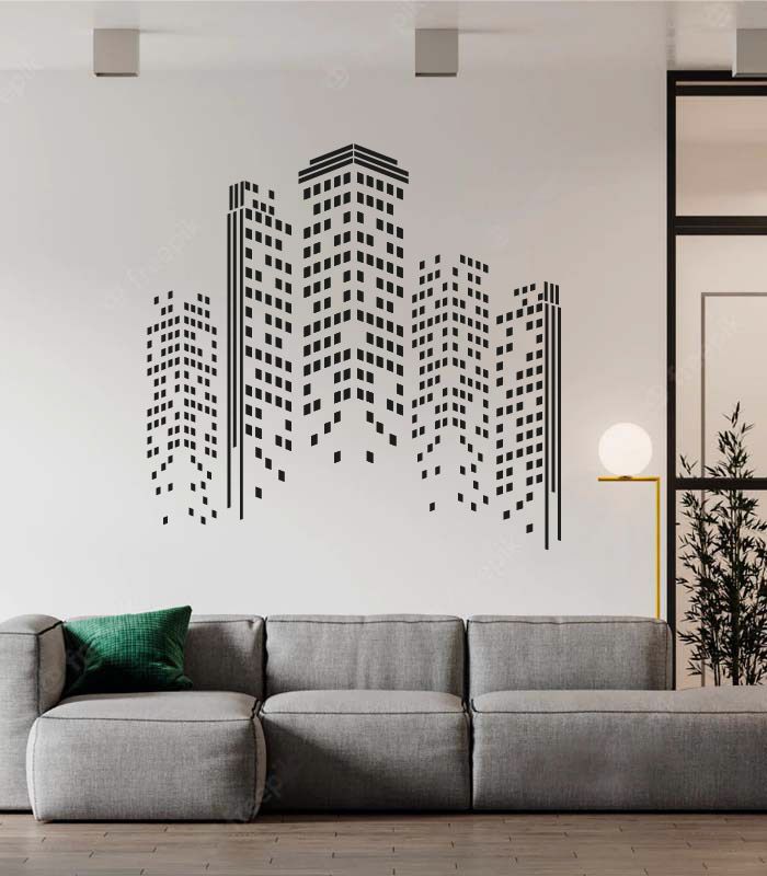 Вінілові наклейки на стіну – Хмарочоси міста піксельні