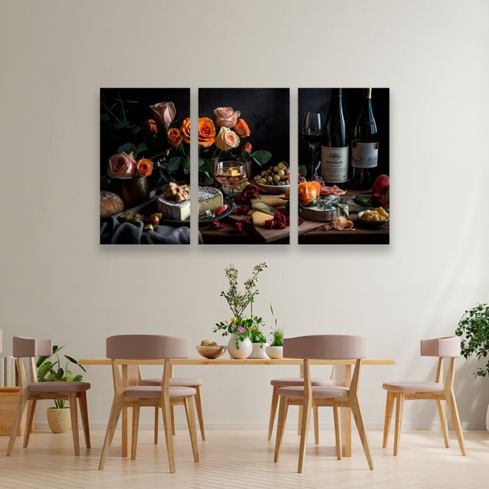 Модульні картини на стіну Вино з сиром та квітами