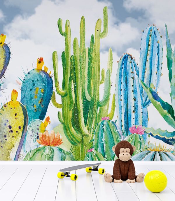 Принт на флізеліні кольорові кактуси акварель арт