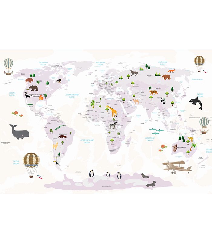 Принт на флізеліні з тваринами та картою Світу