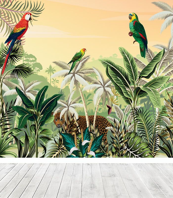 Принт на флізеліні з папугами та тропічними деревами