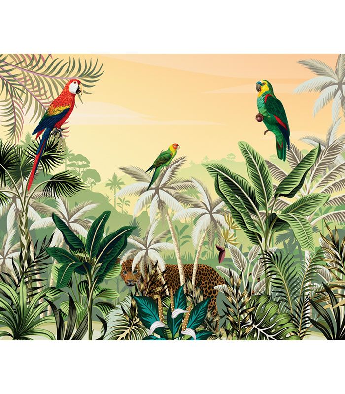 Принт на флізеліні з папугами та тропічними деревами