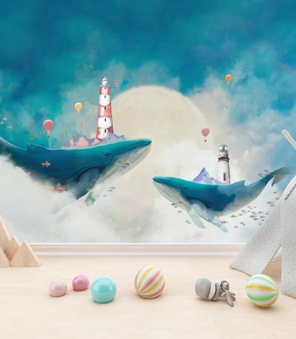 Шпалери на флізеліні з чарівними китами та хмарами Шпалери на флізеліні з чарівними китами та хмарами