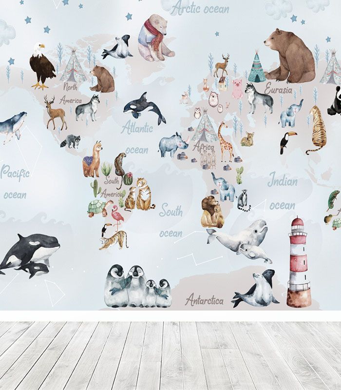 Принт на флізеліні з тваринами та дизайнерською мапою Світу