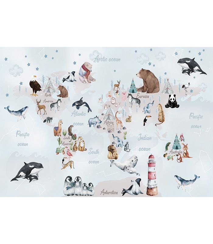 Принт на флізеліні з тваринами та дизайнерською мапою Світу